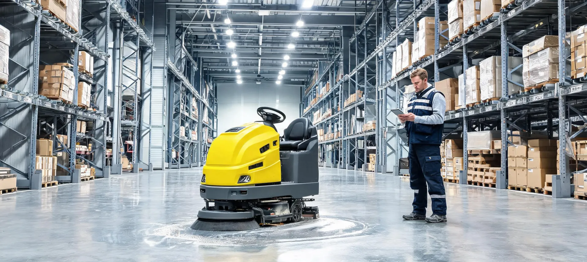 Kärcher ride-on scrubber in a logistics facility
