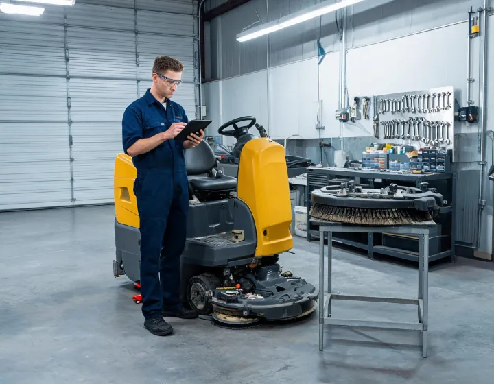 Technician servicing a floor scrubber